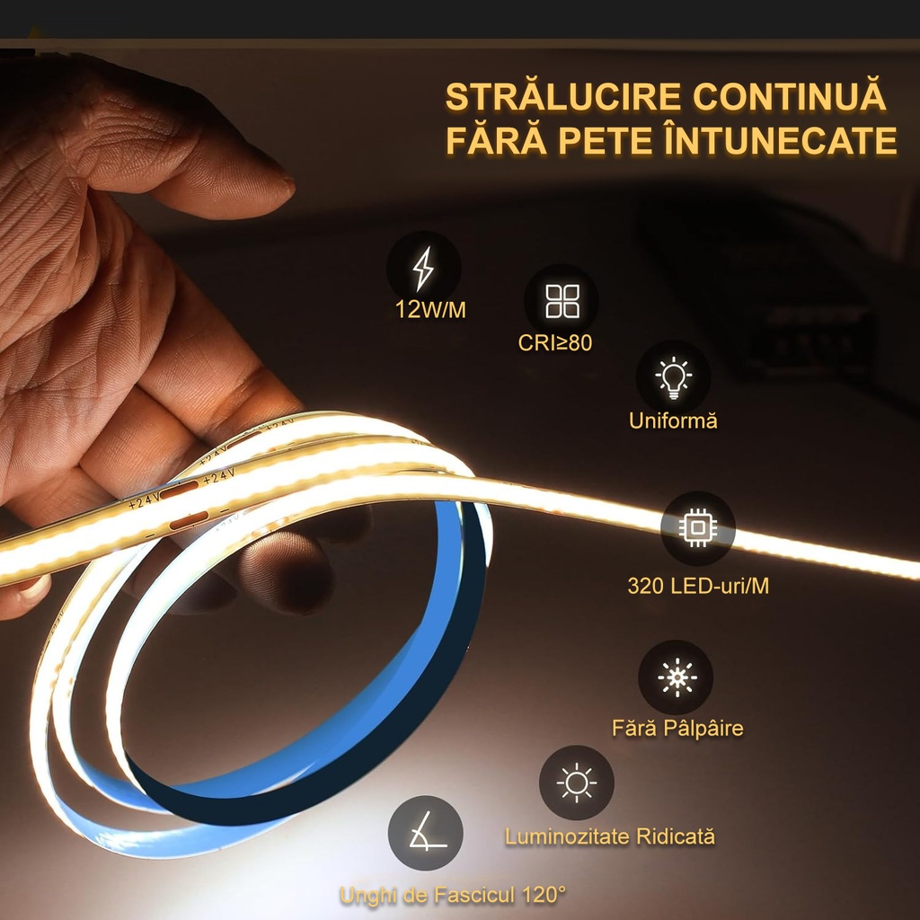 12V COB LED Strip Light – 320 LEDs/m – 3000k – IP20 – 8mm – 5m Roll