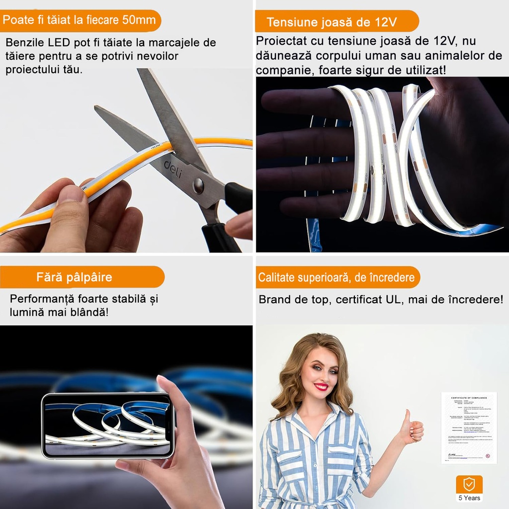 12V COB LED Strip Light – 528 LEDs/m – 6500k – IP20  – 10mm – 5m Roll