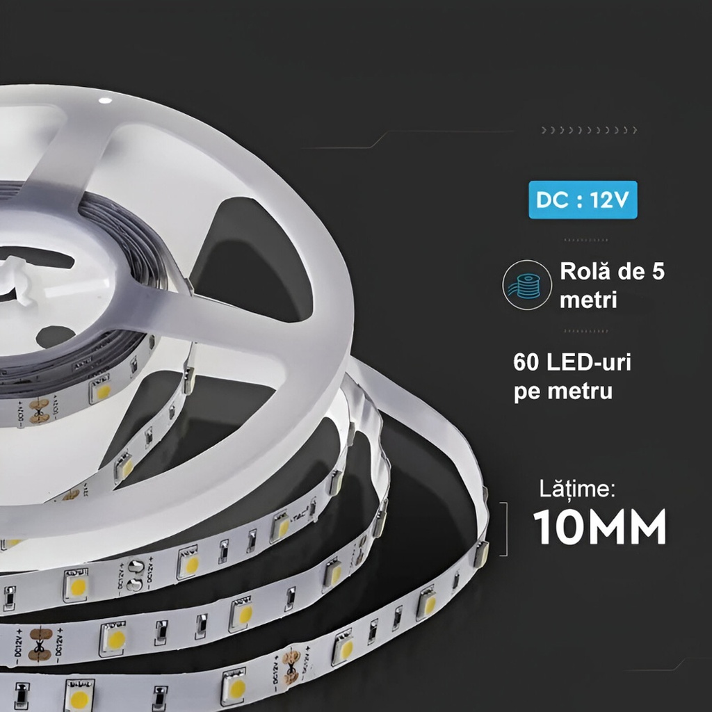 12V LED Strip Light – 60 LEDs/m – SMD5050 – 3000K – IP65 –10mm – 5m Roll