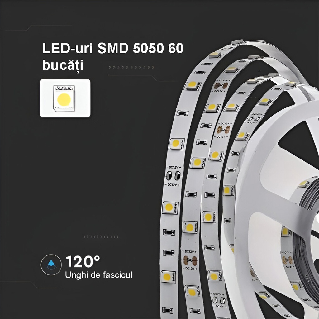 12V LED Strip Light – 60 LEDs/m – SMD5050 – 3000K – IP65 –10mm – 5m Roll