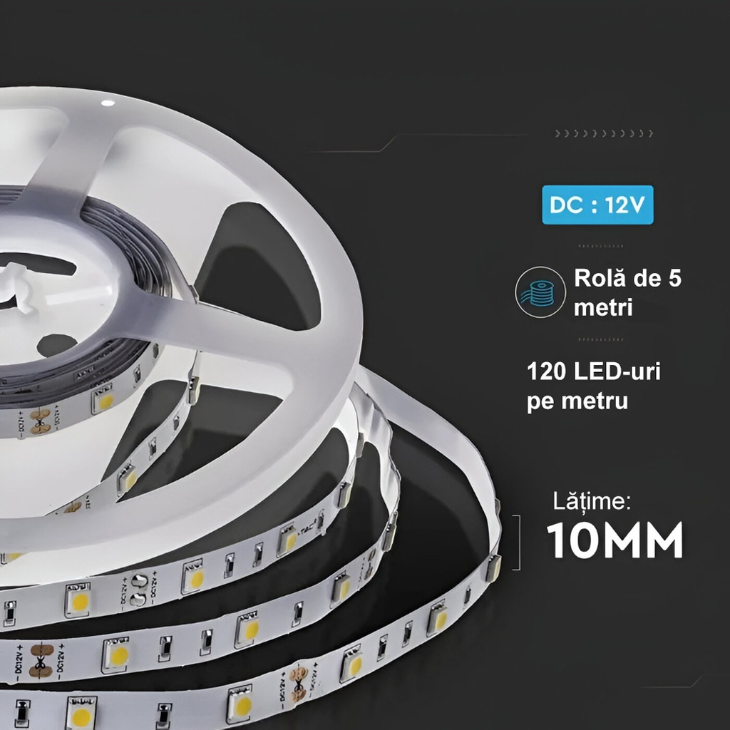 12V LED Strip Light – 120 LEDs/m – SMD5050 – 3000k – IP65 –10mm – 5m Roll