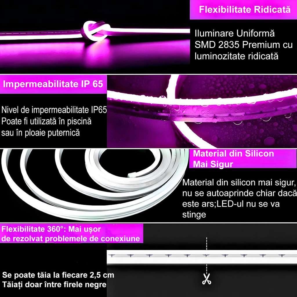 12V Neon Flex LED Strip Light – Pink Light – 8mm – IP65 – 5m Length