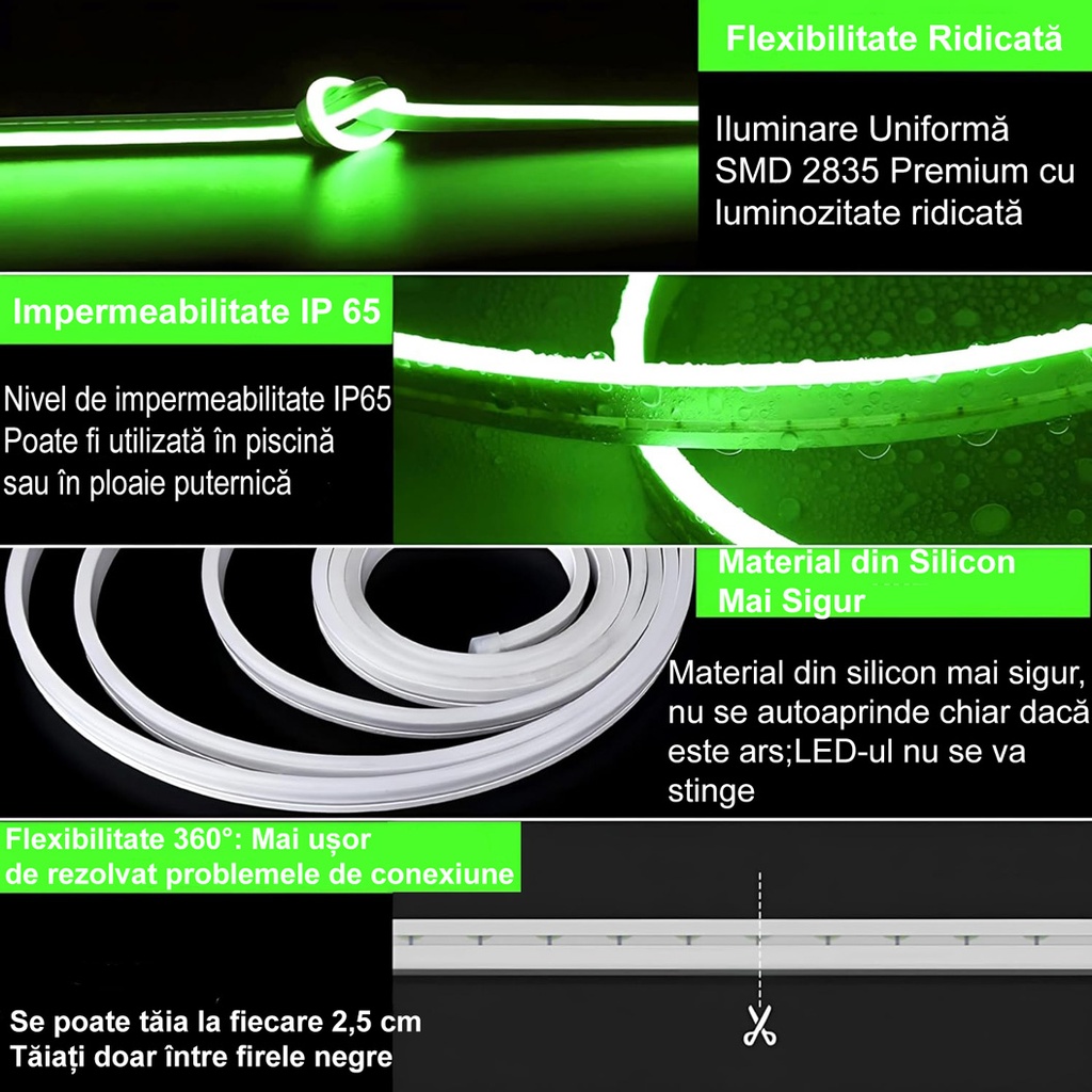 12V Neon Flex LED Strip Light – Green Light – 8mm – IP65 – 5m Length