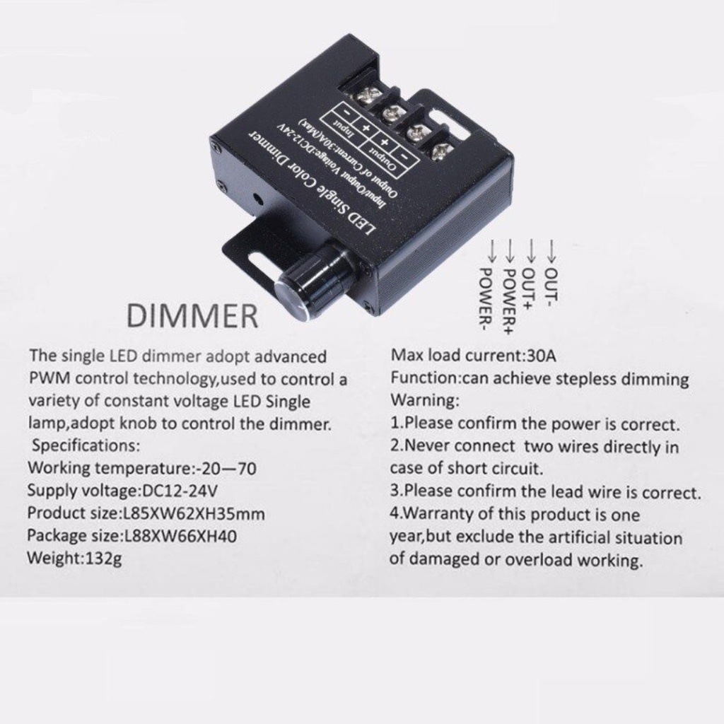 Single Color LED Dimmer – 12V-24V, 30A – Manual Brightness Controller