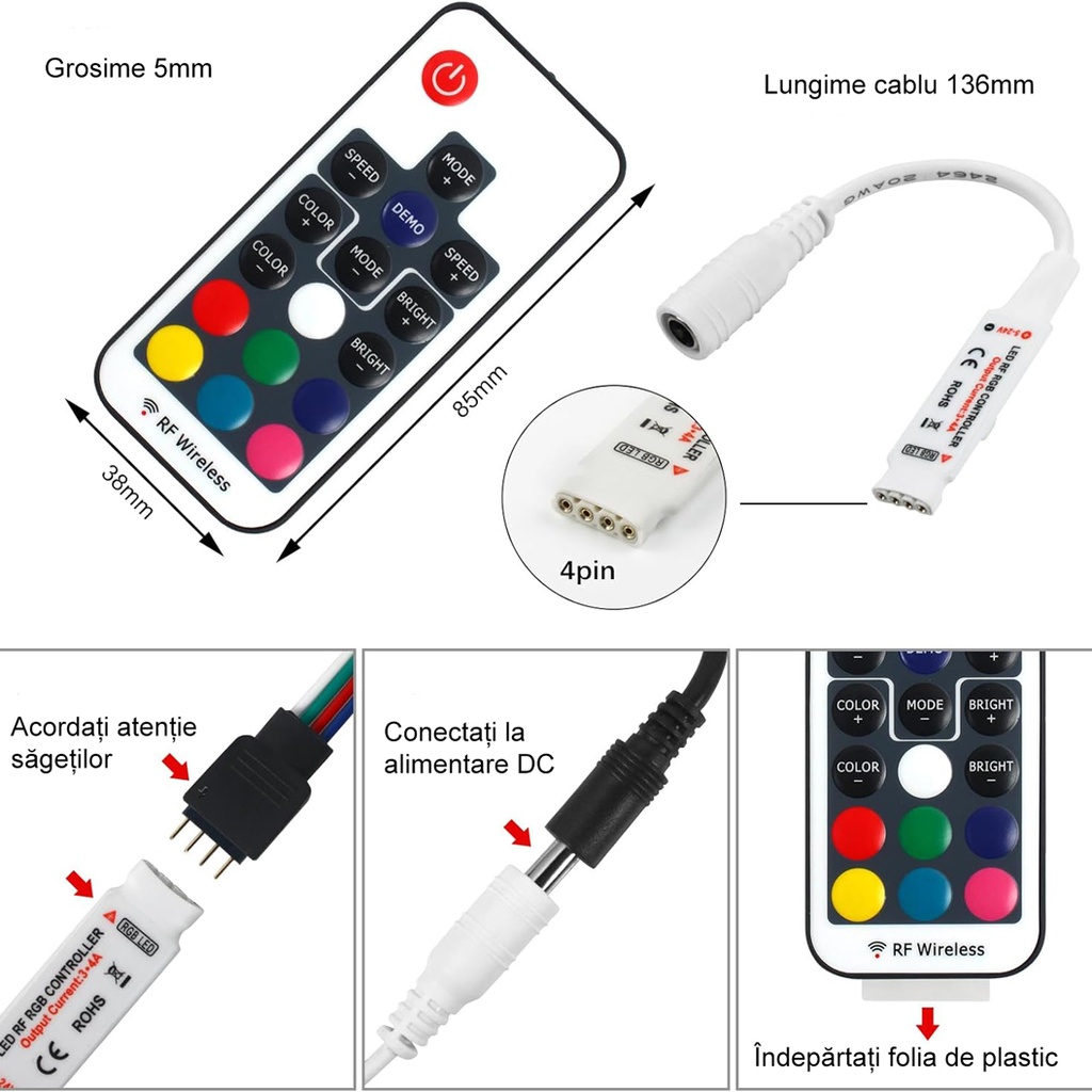 Wireless RGB LED Controller – Mini, 17 Keys RF, Fire Effect