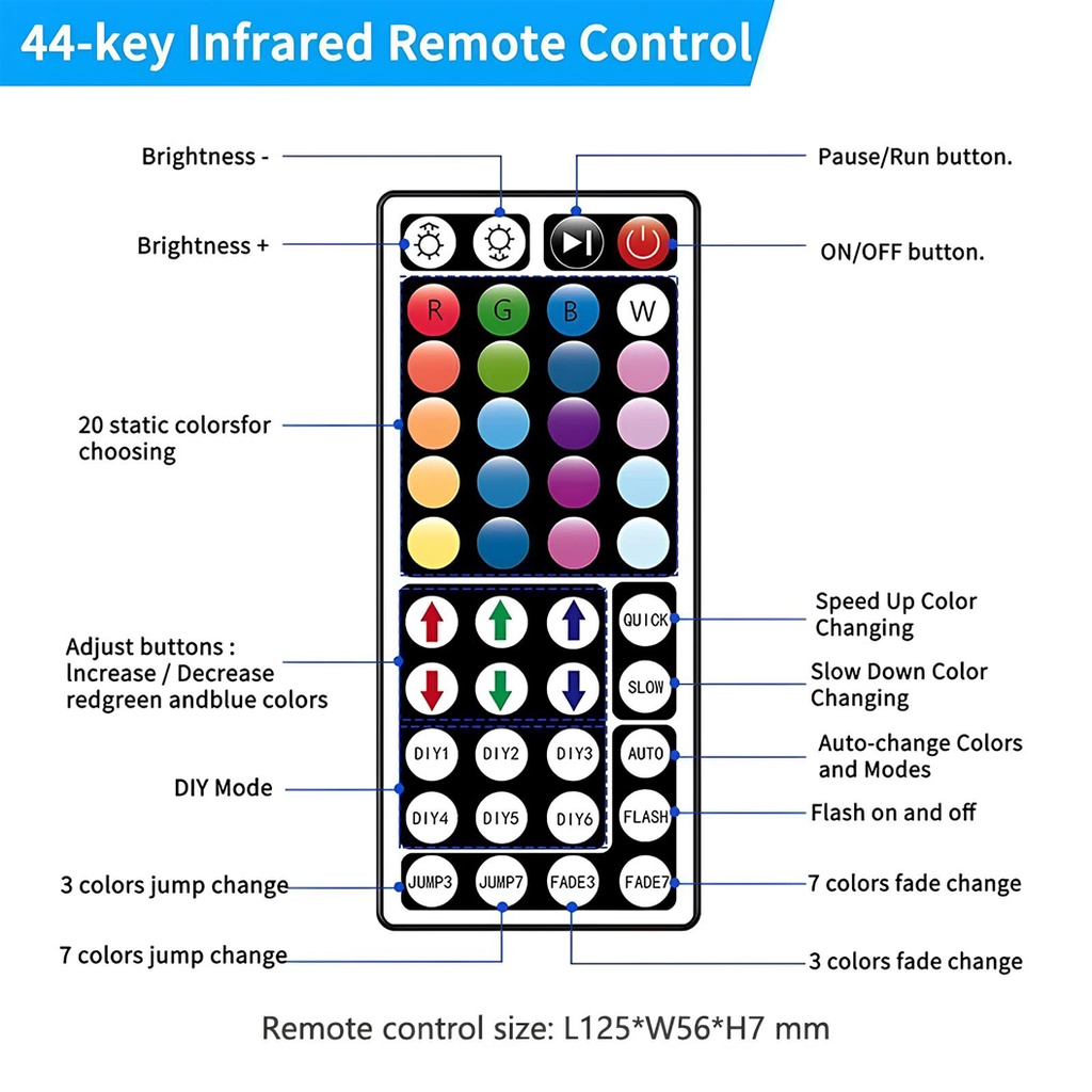 Metal RGB LED Controller with 44-Key Remote – 12-24V