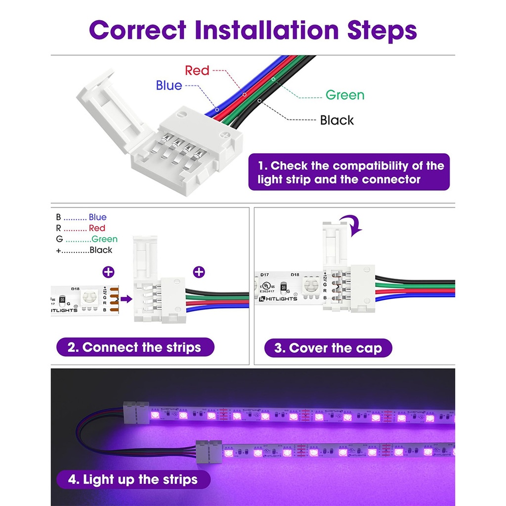 RGB 5050 LED Strip Connector with 4 Wires – 10mm 4-Pin Solderless Adapter