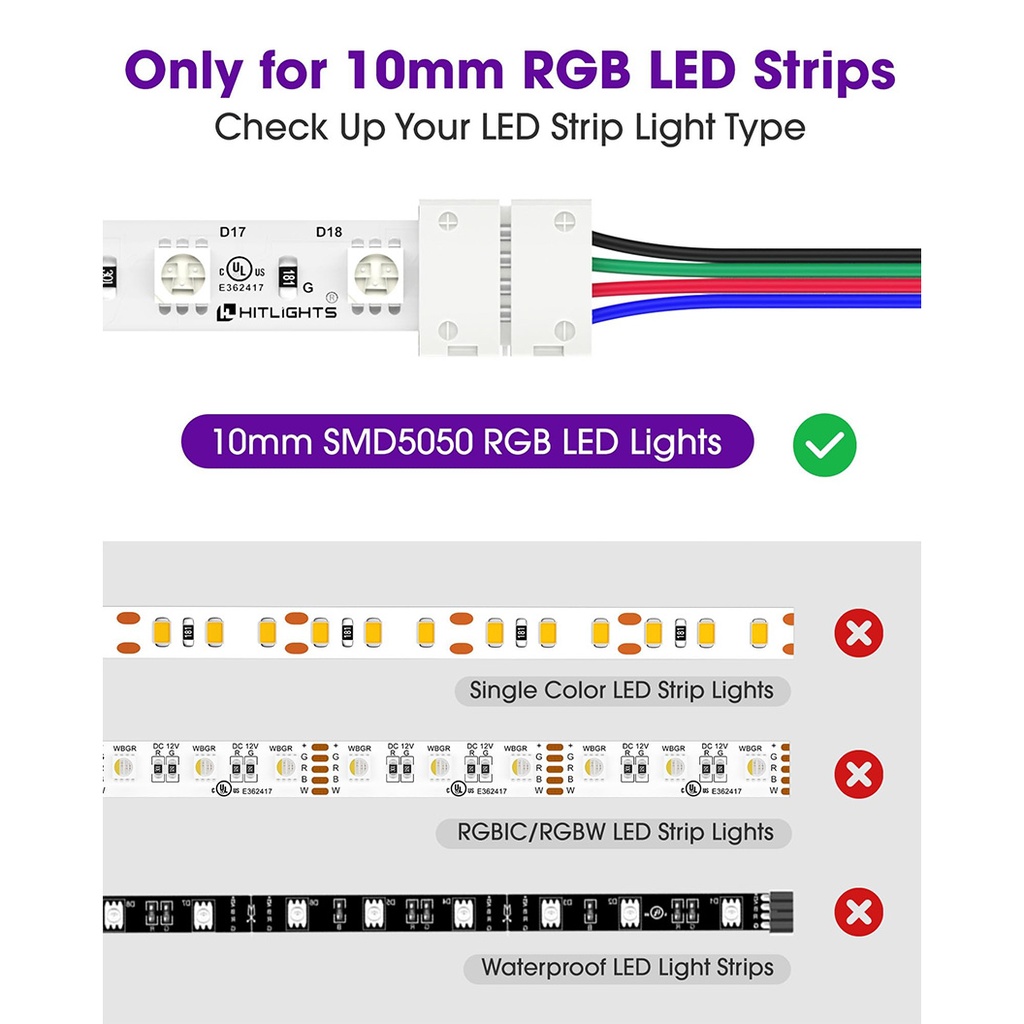 RGB 5050 LED Strip Connector with 4 Wires – 10mm 4-Pin Solderless Adapter