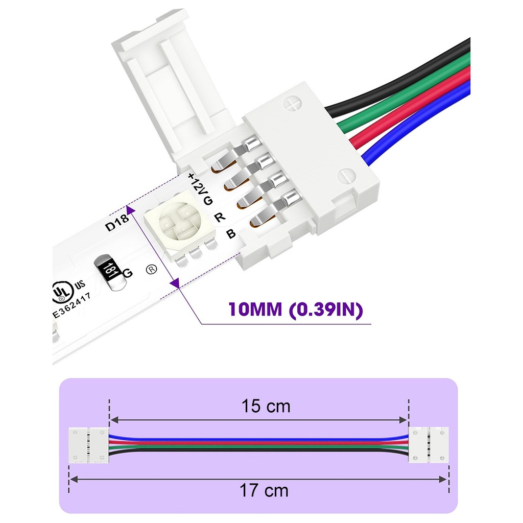 RGB 5050 LED Strip Connector with 4 Wires – 10mm 4-Pin Solderless Adapter