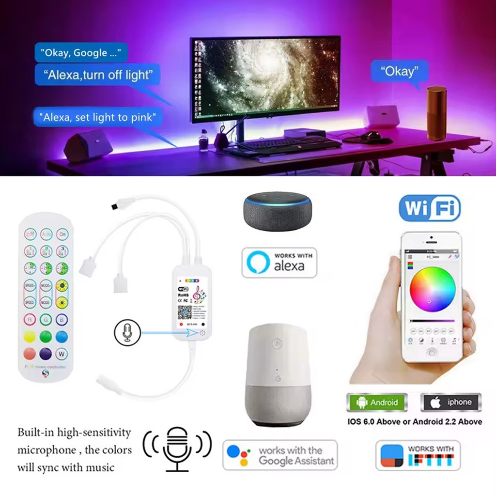 Smart RGB LED Strip Kit 5 meters, App Control, Remote control, Bluetooth, Multicolor Light, Music Sync, Voice control