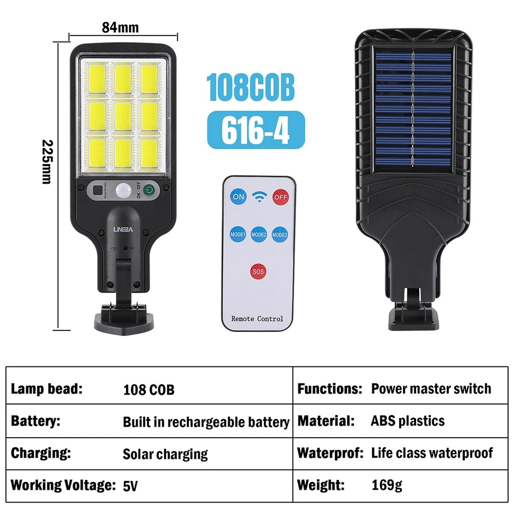 Solar street lamp 108 COB LEDs with integrated solar panel and remote control