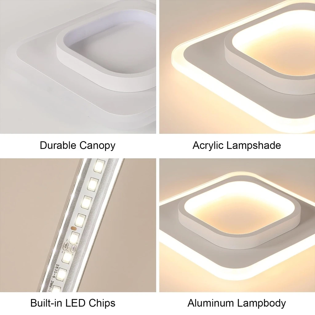 LED Chandelier 20W - 2 Squares, 3 color steps (Cool White, Neutral, Warm), Modern Design, 24x10x6 cm, White