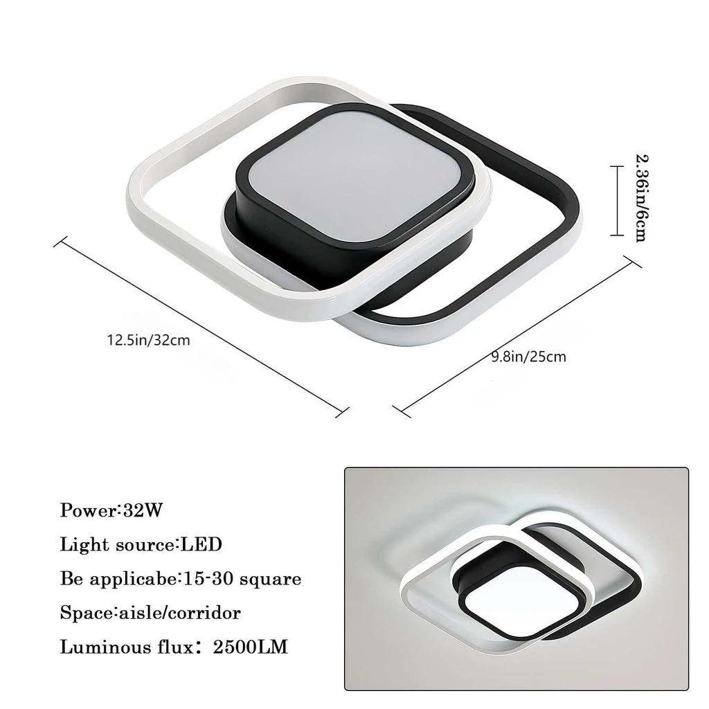 LED Chandelier 24W - 3 Squares, 3 color steps (Cool White, Neutral, Warm), Modern Design, 25x17x6 cm, Black
