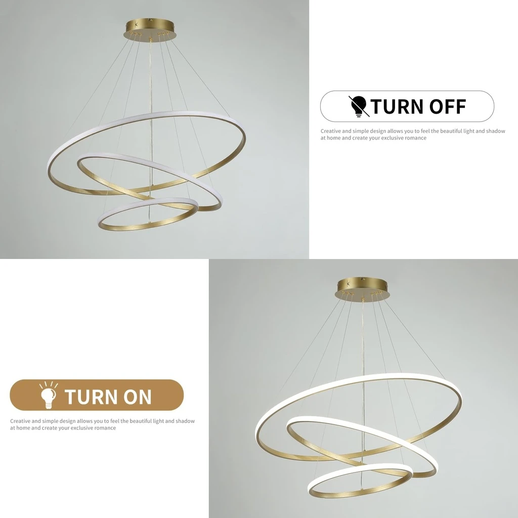 Circular LED Chandelier 72W – 220V, Modern Design, 3 Circles (20/40/60 cm), Iron, Gold, Lighting for Living Room, Dining Room, Hallway, CCT