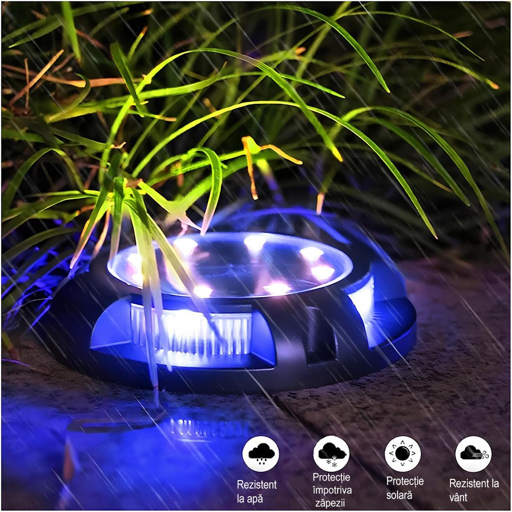 Solar LED spot lamp for garden, with 4 multi-colored side LEDs and 8 cold white main LEDs, IP65, ABS material, 2V battery, 700 mah, 11x13.5 cm, Black