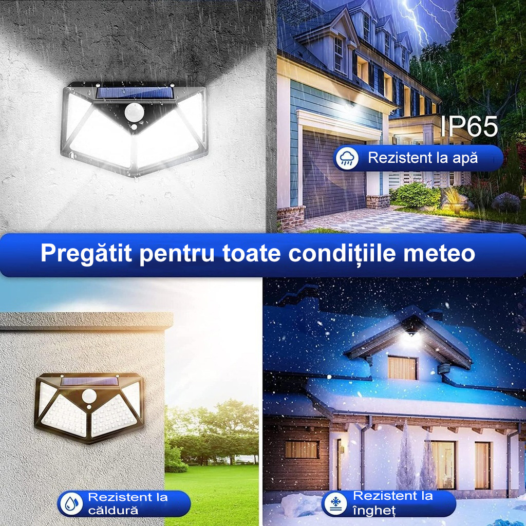 Solar-powered outdoor lamp, 100 LEDs with sensor, wall mounting, cable-free, 4-sided, warm light, 3500k