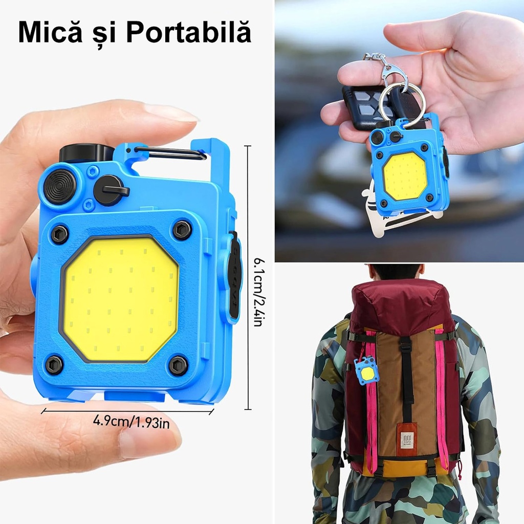Mini Keychain Pocket Flashlight, USB Type C Charging, Multifunctional, for Outdoor, Camping, Mountain, Cycling, 6.1 x 5 x 2.5 cm, Strong Light, Blue Color