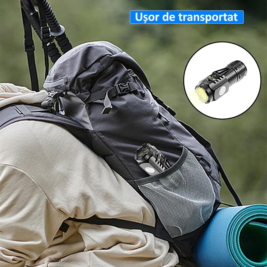 Flashlight with 3 LEDs, USB Charging, Maximum Range 100-200 m, 5W, 4 x 4 x 9 cm, Hanging Bracket, Magnetic Bottom, Silver Color