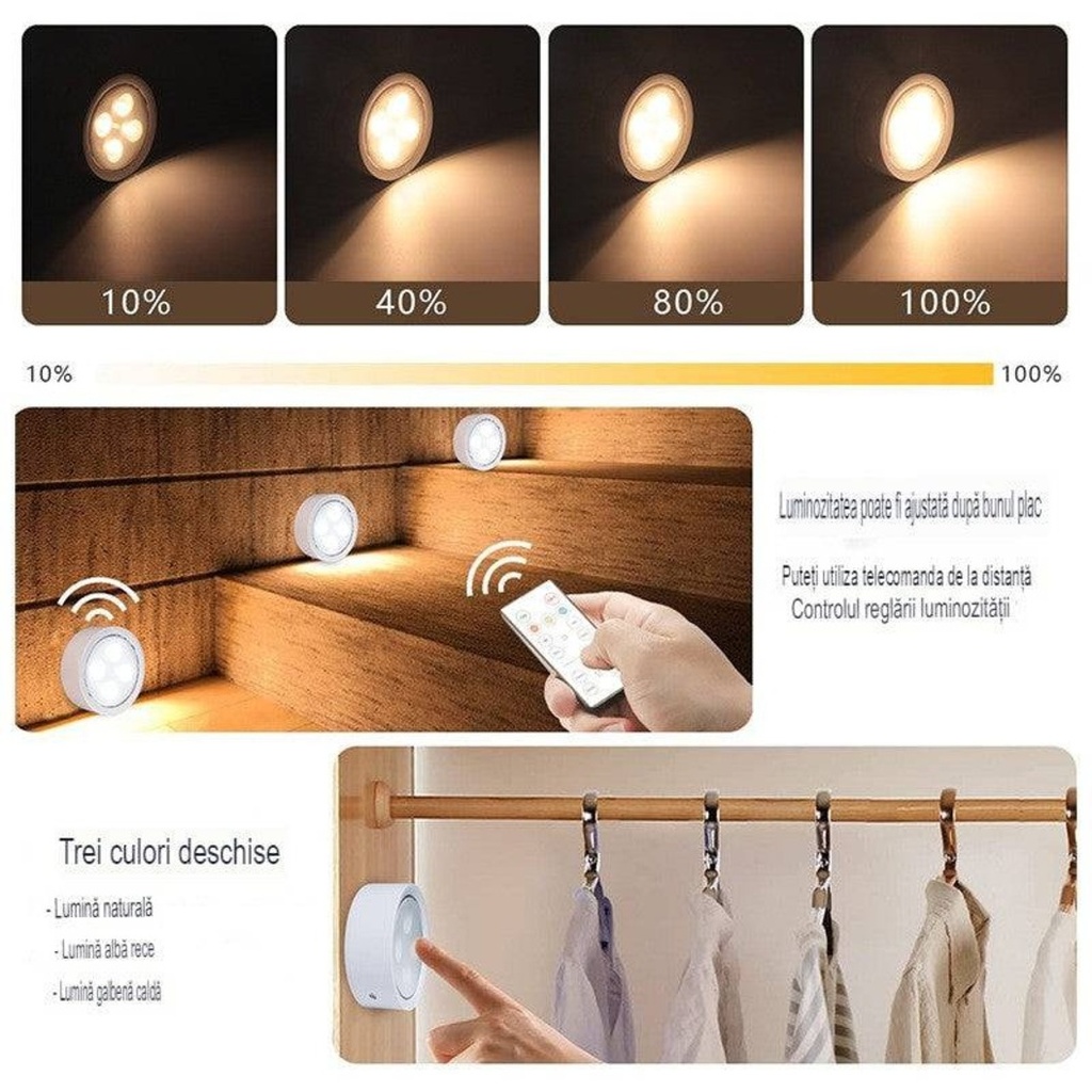 3 LED Lamps Set, Wireless, Battery Operated, 3 Light Colors, Remote Control, Plastic, White