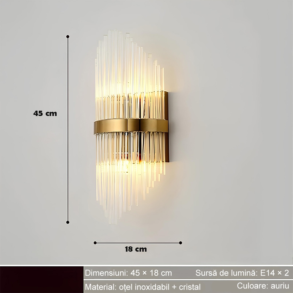 LED Wall Light for Indoor, Stainless Steel and Glass, Gold, 45x18 cm, 88002 Model