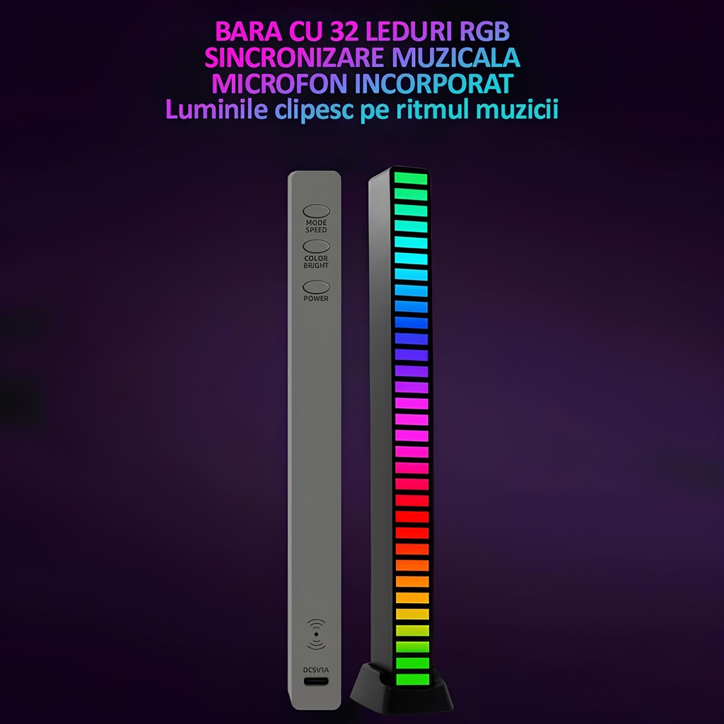 RGB LED Light Bar with Music Sync – 32 LEDs, Sound Sensor, 17 Colors, Multiple Modes, Brightness & Speed ​​Adjustment, USB-C Power Supply, Black