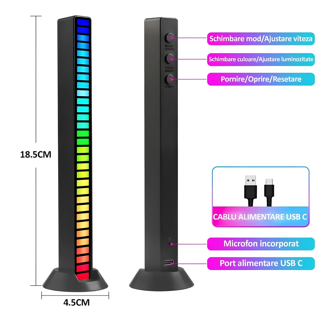 RGB LED Light Bar with Music Sync – 32 LEDs, Sound Sensor, 17 Colors, Multiple Modes, Brightness & Speed ​​Adjustment, USB-C Power Supply, Black
