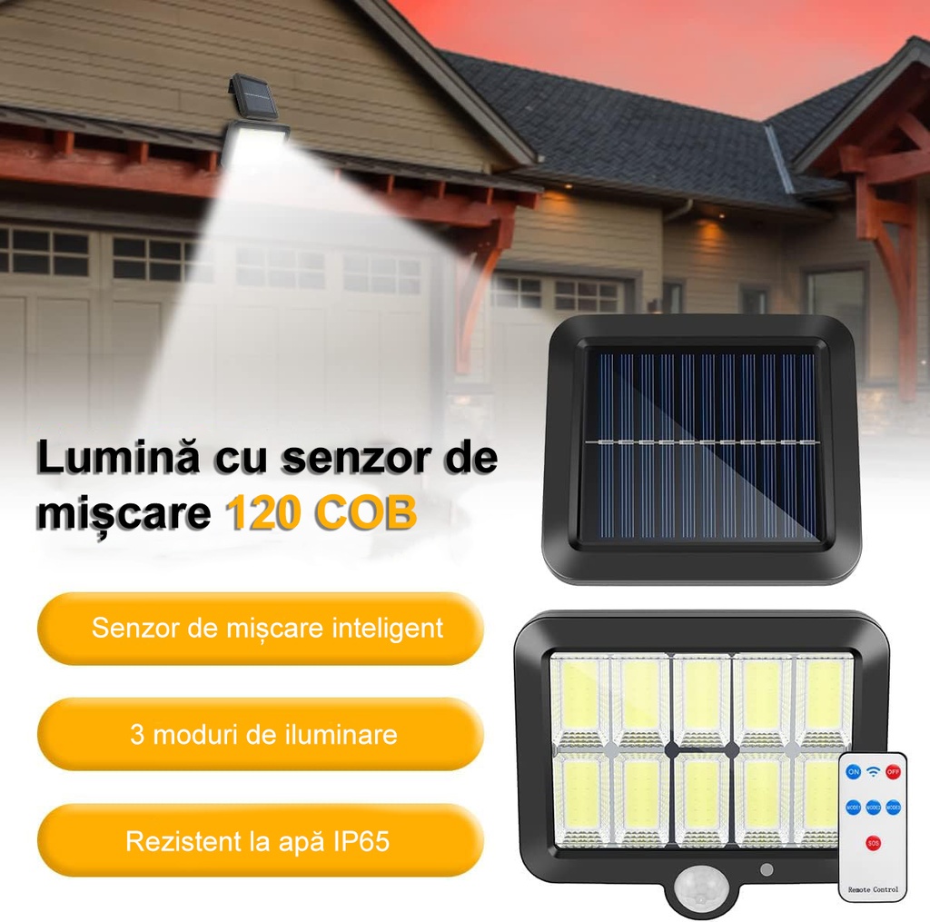 Solar LED Lamp with Remote Control – 120 COB LEDs, 10 Grids, Motion & Light Sensor, 1200mAh Battery, 260 lm, 5m Cable, Water Resistant, Black