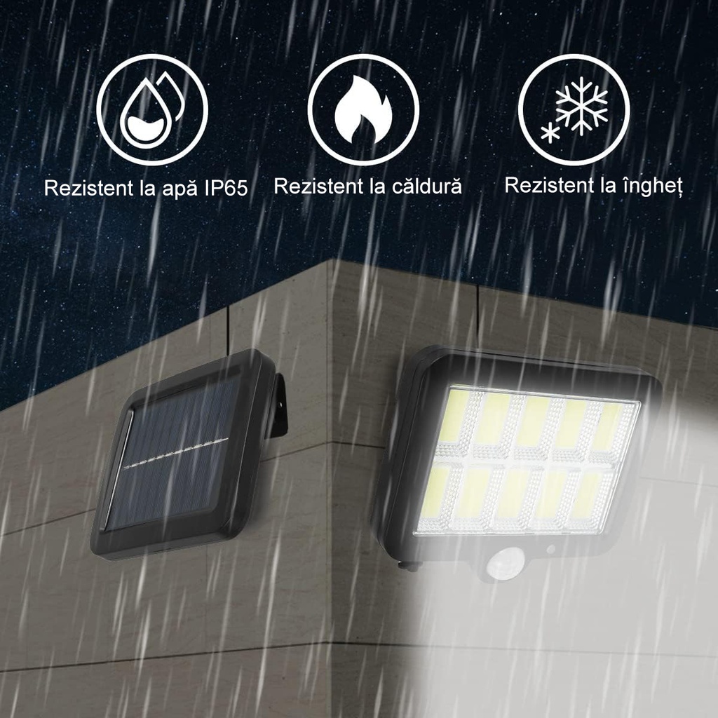 Solar LED Lamp with Remote Control – 120 COB LEDs, 10 Grids, Motion & Light Sensor, 1200mAh Battery, 260 lm, 5m Cable, Water Resistant, Black