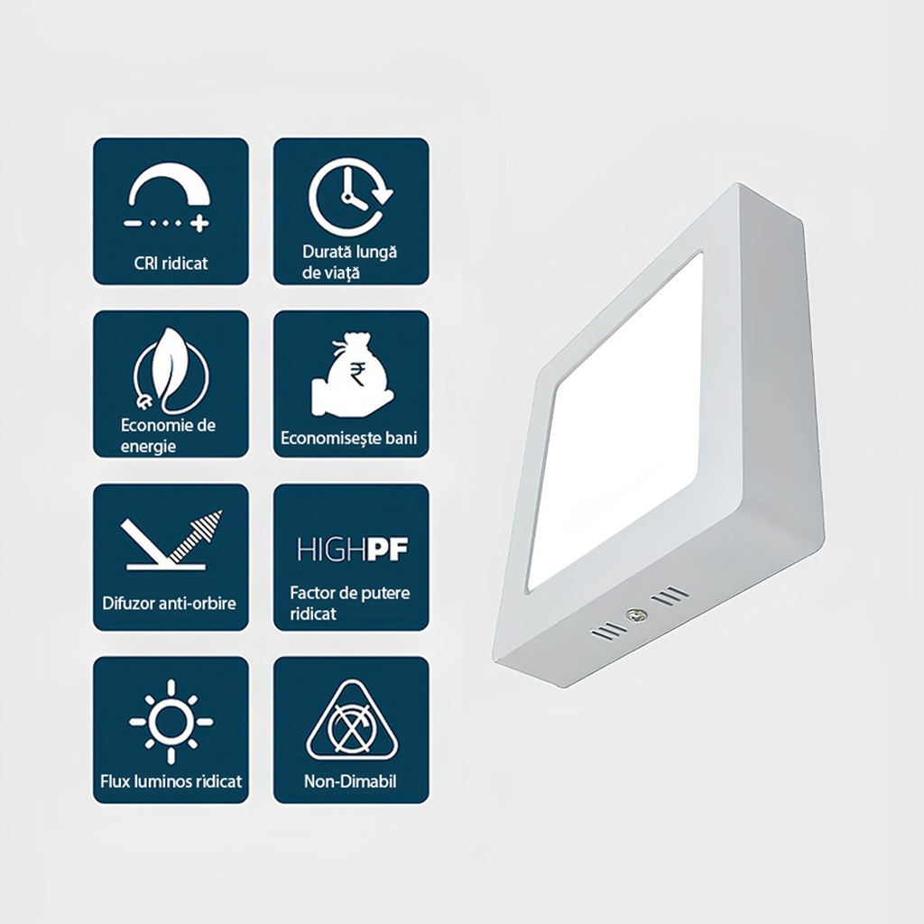 Square LED Ceiling light 24W, 21cm, 3500k, White, applied