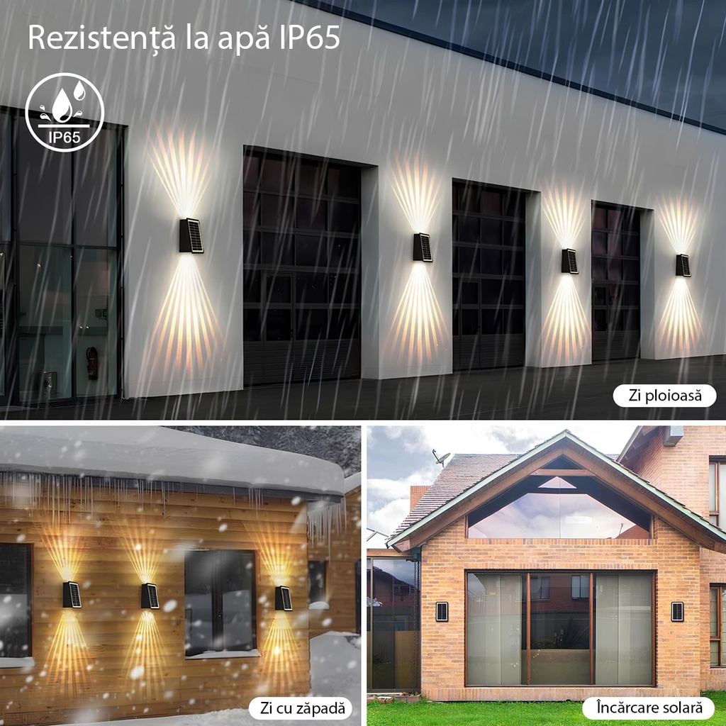Solar LED wall light with 2 LEDs, IP65, 3 colors 6500k, 4000k, 3000k