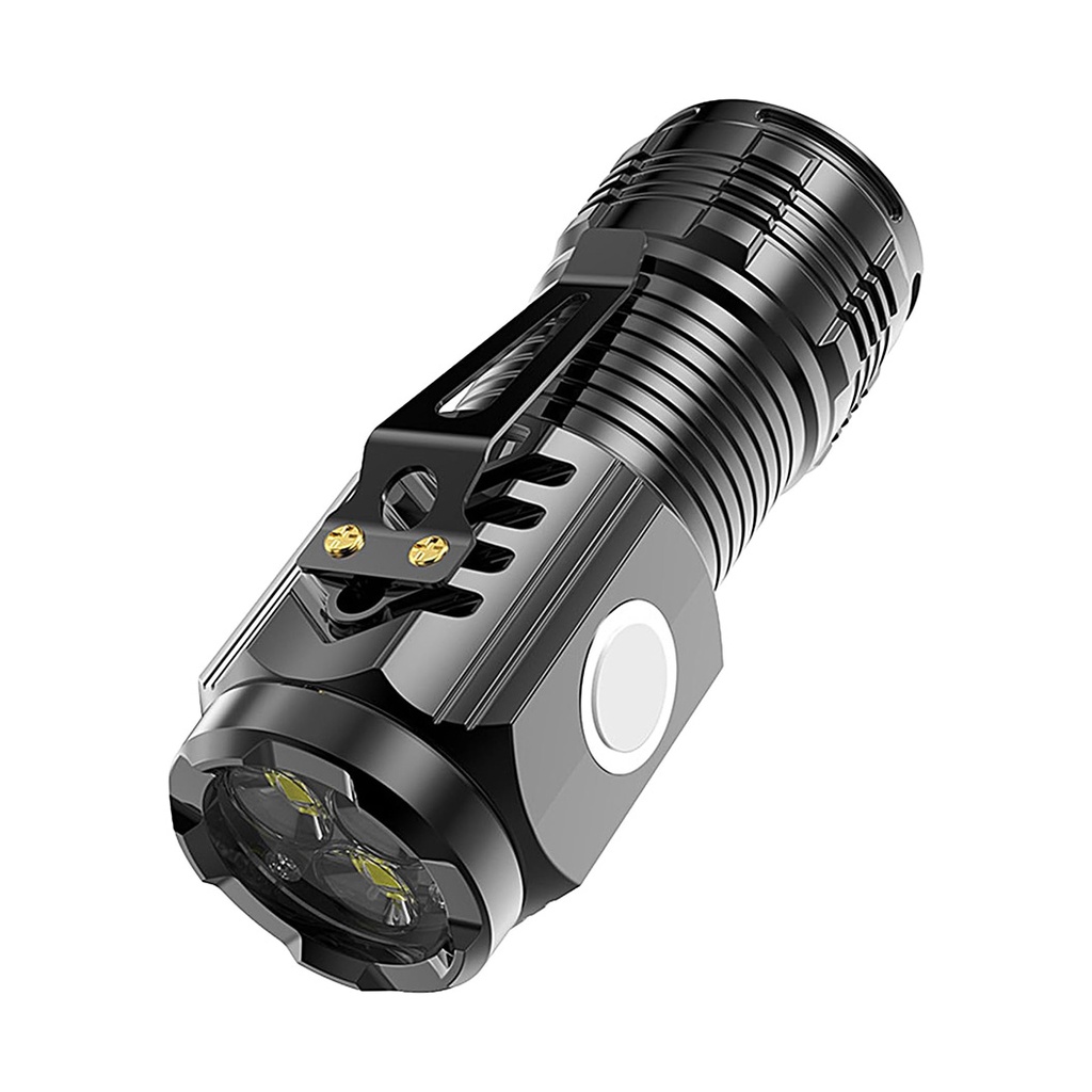 Lanterna LED cu 3 Nuclee – Reincarcabila USB, 5W, Autonomie 4-20h, Raza 100-200m, Suport de Agatat  – Negru (4 x 4 x 9 cm)