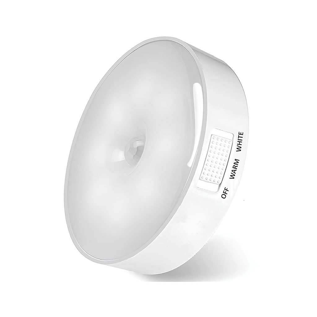  LED Night Light with Motion Sensor, Two Types of White Light, USB Charging, On/Off/Auto Switch, 0.6W, 300mAh, Round Design, White, 8.5x2.3 cm