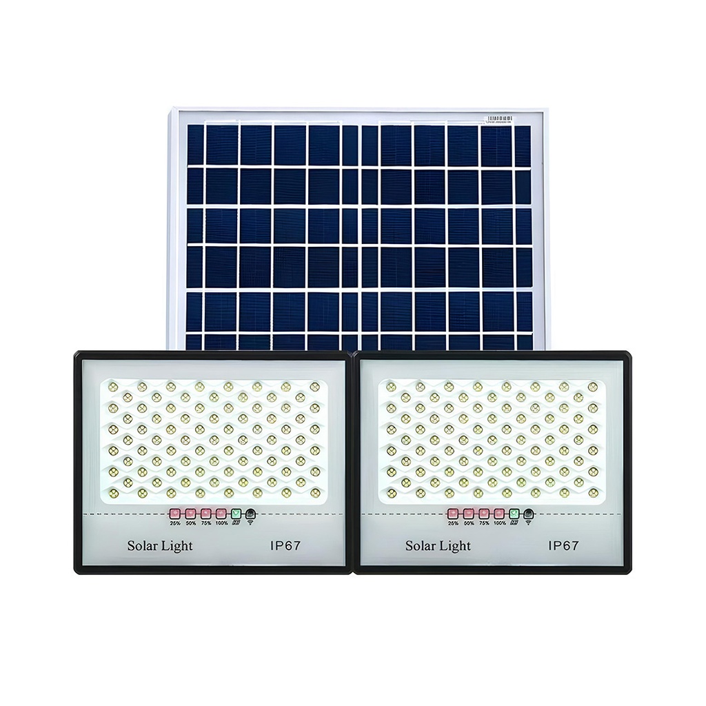 Set 2 Proiectoare LED Solare cu Senzor Crepuscular – 200W, 322×2 LED-uri, Telecomanda, IP67 Waterproof, 30x24 cm, Design Modern – Negru
