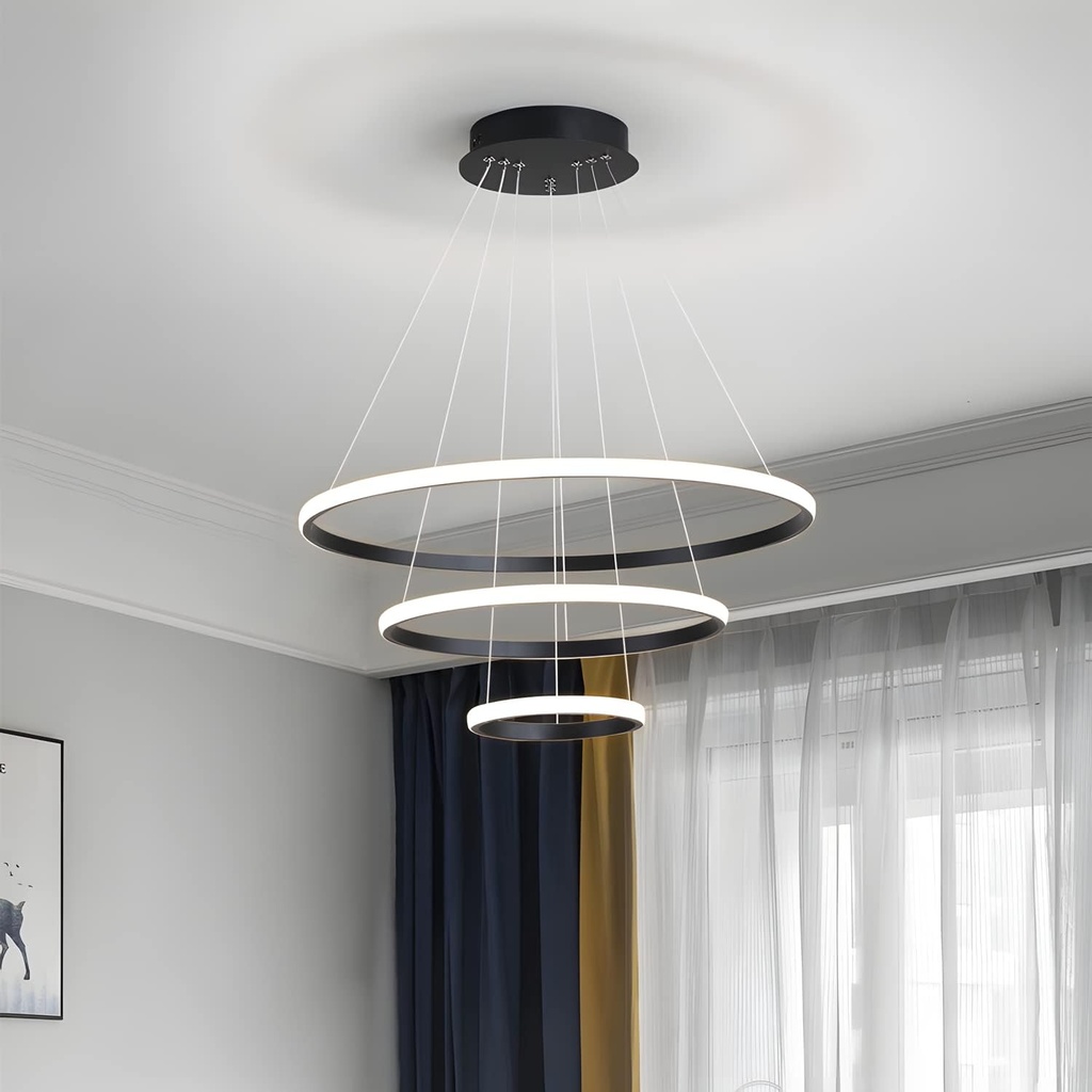 Candelabru LED Circular 76W – 220V, Design Modern, 3 Cercuri (20/40/60 cm), Negru, Iluminare pentru Living, Dining, Hol