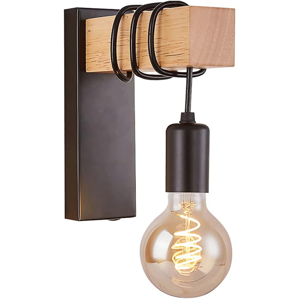 Aplica Vintage Retro din Lemn – Suport E27, Design Industrial, Reglaj Luminozitate, Montaj Pe Perete, Iluminare pentru Dormitor, Living, Cafenea