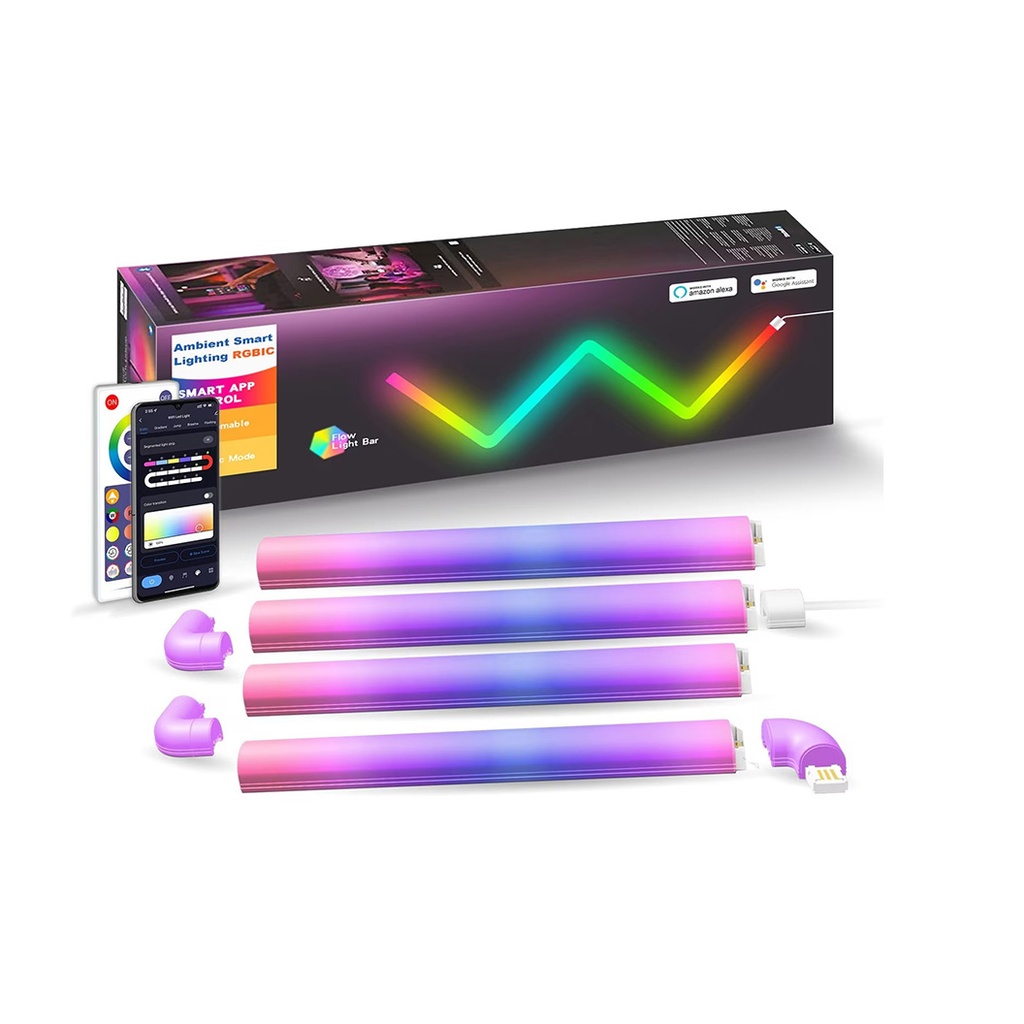 Set of 4 RGBIC Smart LED Bars – Ambient Lighting, Music Sync, 3 Connectors, Wireless, Compatible with Alexa & Google Assistant, Control via App & Remote Control