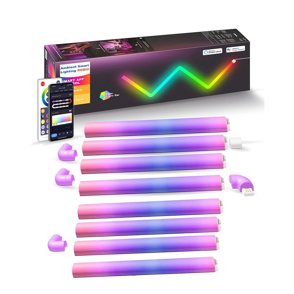 Set of 8 RGBIC Smart LED Strips – Ambient Lighting, Music Sync, 4 Connectors, Wireless, Alexa & Google Assistant Compatible, App Control & Remote Control