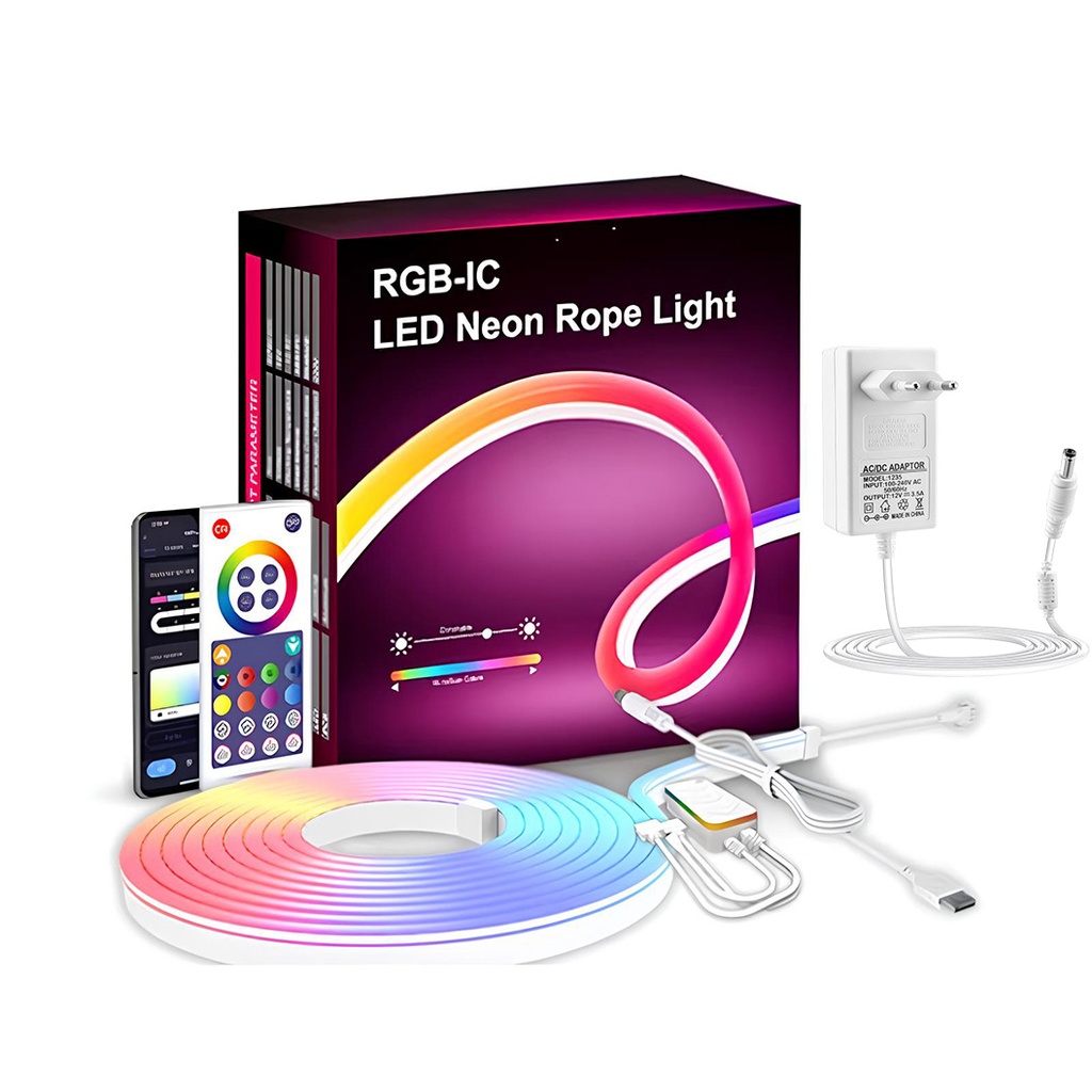 Banda LED Neon RGBIC Flexibila 3M – Control prin Aplicatie & Telecomanda, Sincronizare Muzicala, IP67 Waterproof, Alexa & Google Assistant, Timer, Luminozitate & Viteza Reglabila
