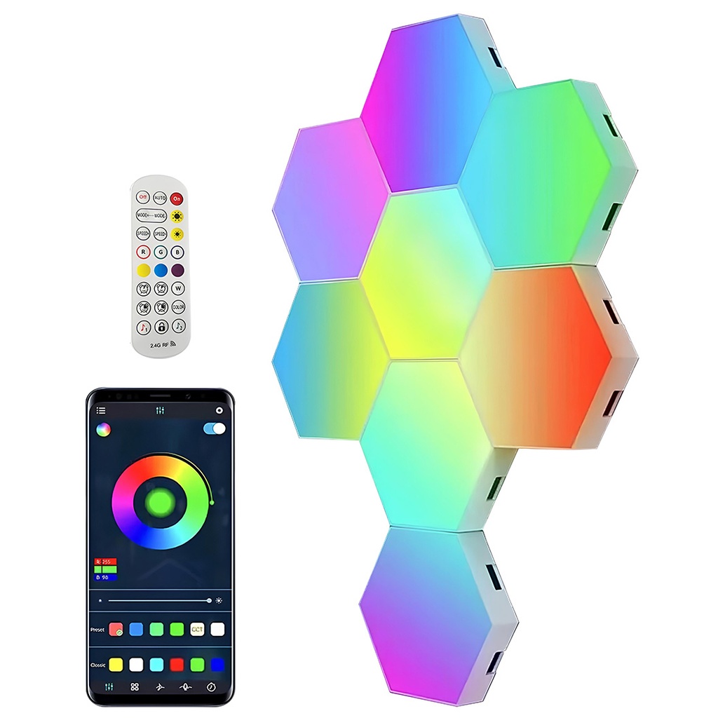 Set of 8 pcs hexagonal RGB LED modular wall lamps, App Control, remote control, multiple modes, music synchronization, microphone, timer, adjustable brightness