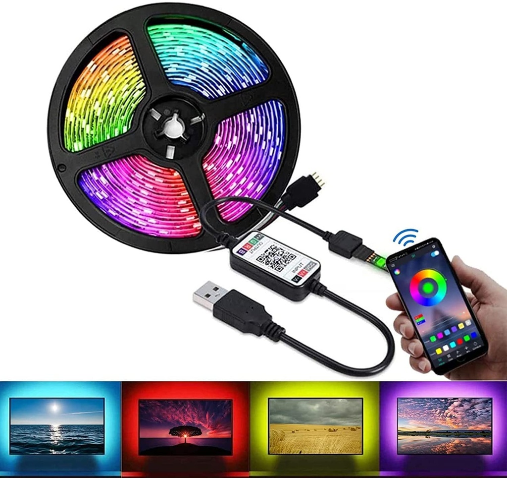 Banda LED RGB 10 Metri 5050 – 60 LED/m, Autoadeziva, Bluetooth, Control prin Aplicatie & Telecomanda, Mod Muzica, Timer