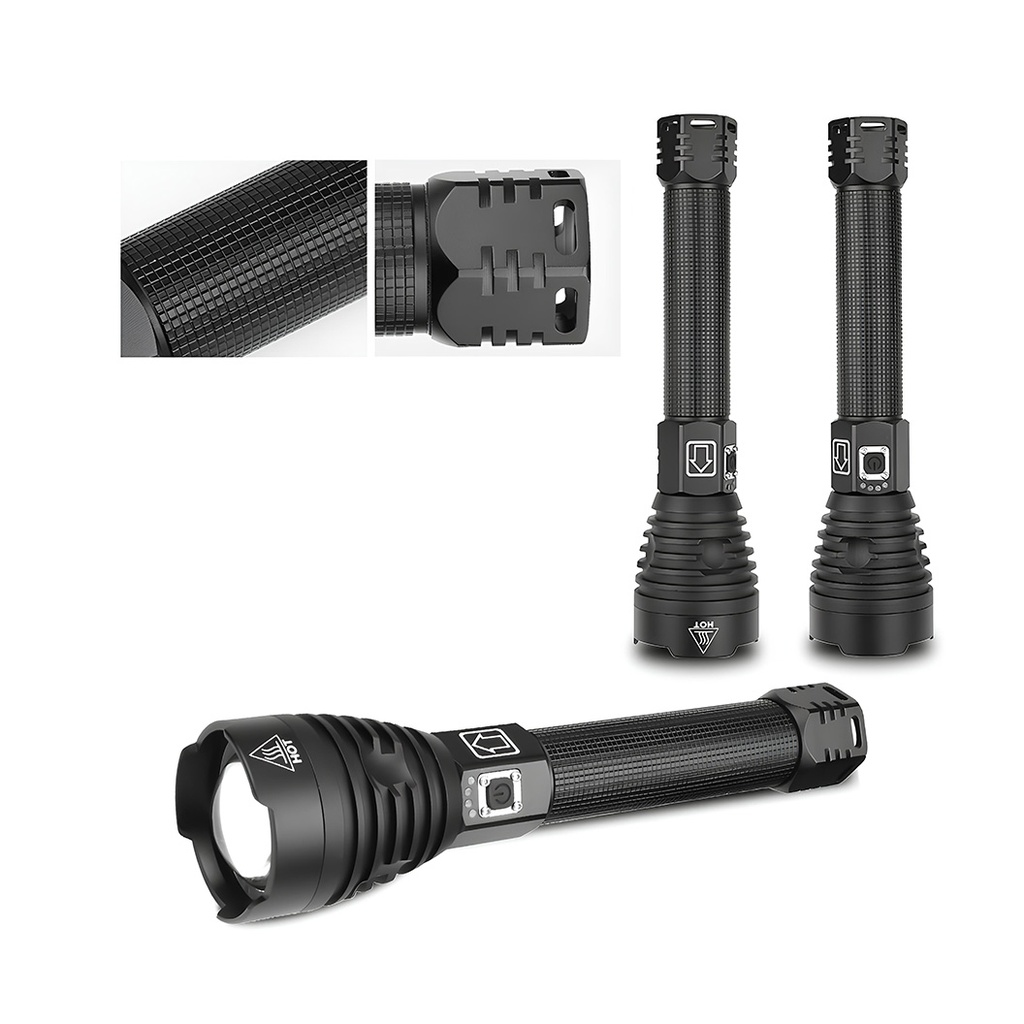 LED Tactical Flashlight, Aluminum material, XHP90 Ultra-Bright source light, Professional, Adjustable focus, Water resistant, USB charging, 2500 lumens, 3 light modes, Black