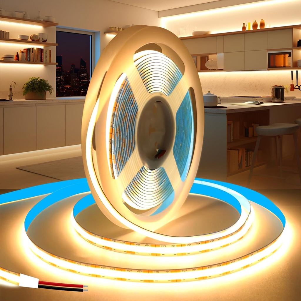 Banda LED COB 12V, 320 LEDs/m – Lumina Alb-Cald, Interior IP20, Latime 8mm, Rola de 5 Metri