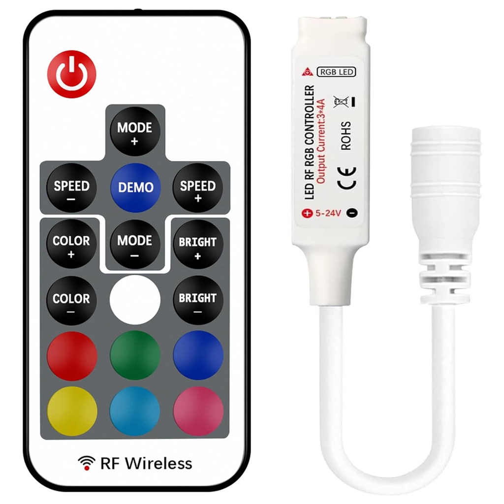 Mini Controller Wireless RGB cu Telecomanda 17 Taste RF, 4 Fire