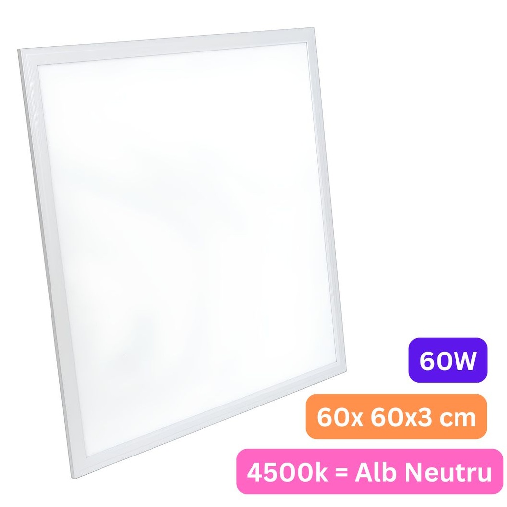 Panou LED 60x60 cm, 60W, Lumina Neutra 4500K, Model Eco, Rama Argintie, Ideal pentru Tavane False