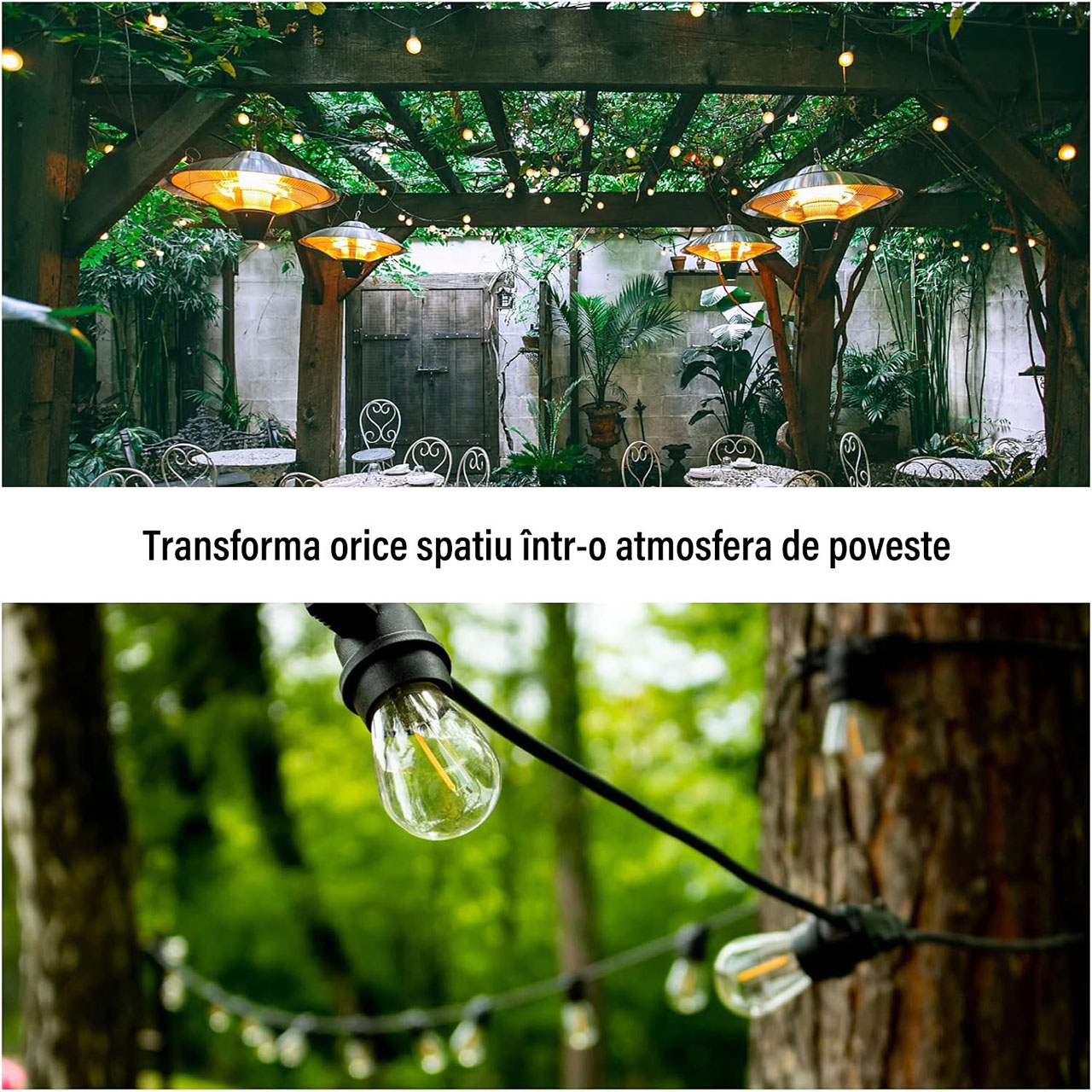 Ghirlandă luminoasă LED 5m, 10 socluri E27, interconectabilă, pentru terasă, grădină și evenimente (fără becuri incluse)