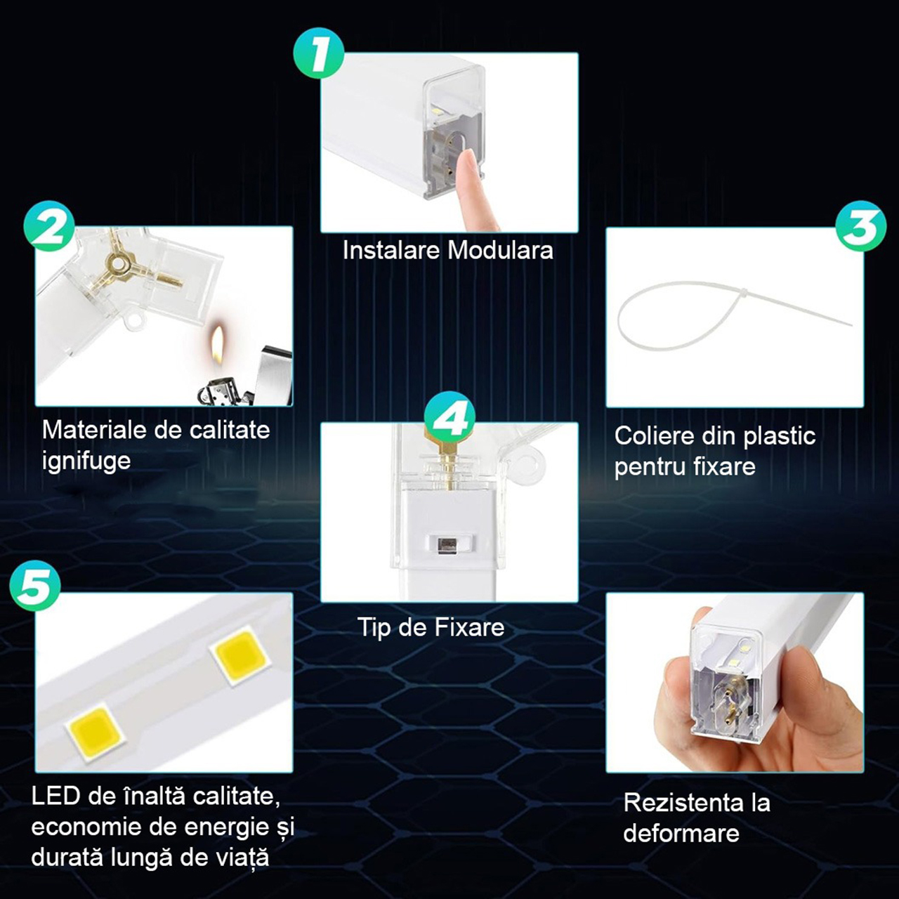 Set 5 Hexagoane LED Honeycomb 168W, 6500K lumină alb rece, 20160 lumeni, structură premium din aluminiu, 234 x 166 cm
