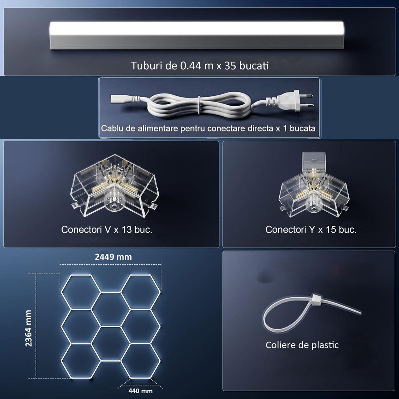 Set 8 Hexagoane LED Honeycomb 245W, 6500K lumină alb rece, 29400 lumeni, structură premium din aluminiu, 236 x 245 cm