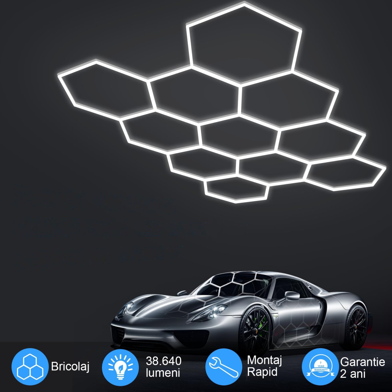 Set 11 Hexagoane LED Honeycomb 322W, 6500K lumină alb rece, 38640 lumeni, structură premium din aluminiu, 325 x 236 cm