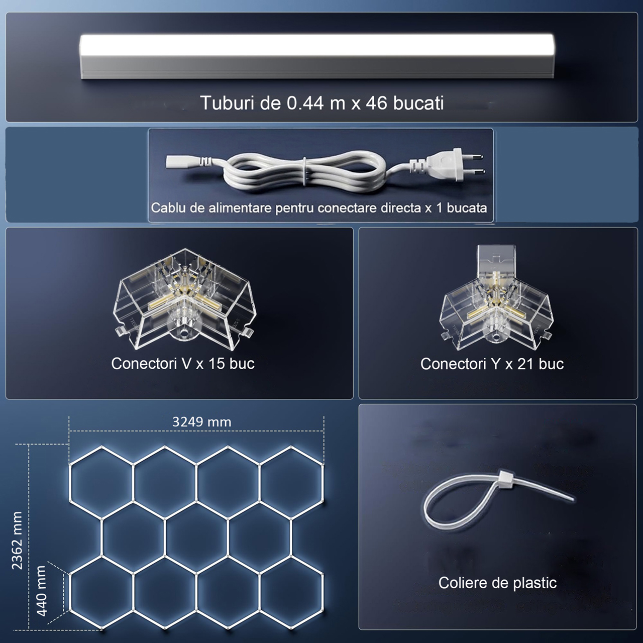 Set 11 Hexagoane LED Honeycomb 322W, 6500K lumină alb rece, 38640 lumeni, structură premium din aluminiu, 325 x 236 cm