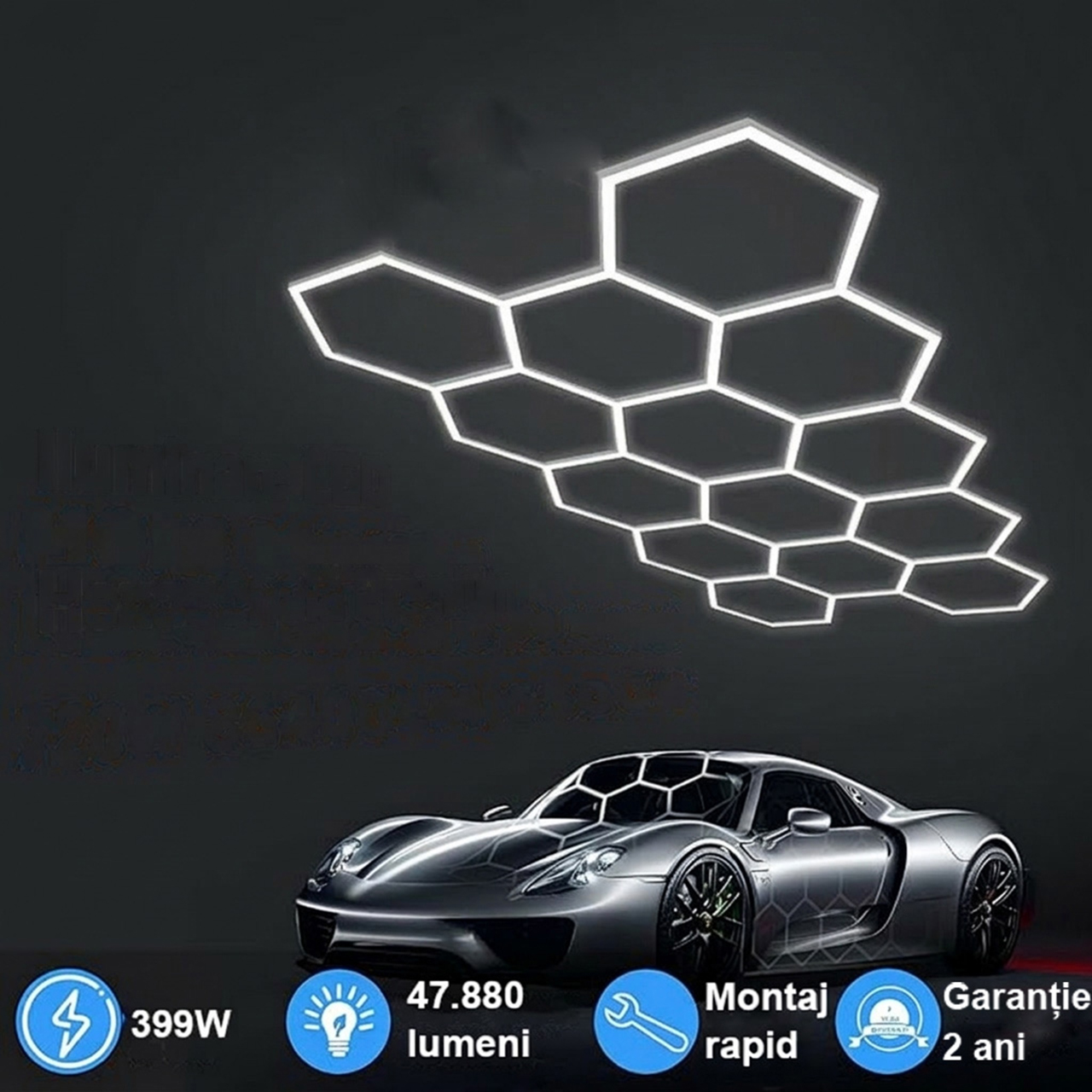 Set 14 Hexagoane LED Honeycomb 399W, 6500K lumină alb rece, 47880 lumeni, structură premium din aluminiu, 405 x 236 cm